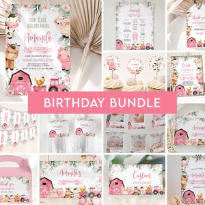 Farm Birthday Party Bundle, EDITABLE Barn Animal Party Invite, Barnyard Ranch Birthday Party Decor, Pink Farm Animal Instant Download, KP082