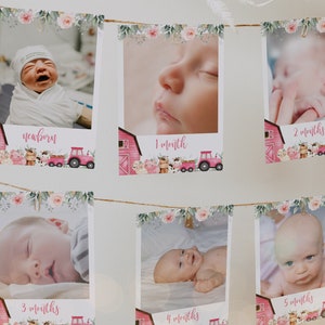Modelo de banner de foto de aniversário de fazenda, cartões de marco mensal editáveis do primeiro ano do bebê, guirlanda de fotos para impressão, download instantâneo, floral KP082