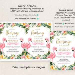May include: A pink flamingo baby shower invitation with a tropical floral border. The invitation says "A Little Flamingo is on the Way" and includes the baby's name, Aurora, and the date and time of the shower. The invitation also includes the address and RSVP information.