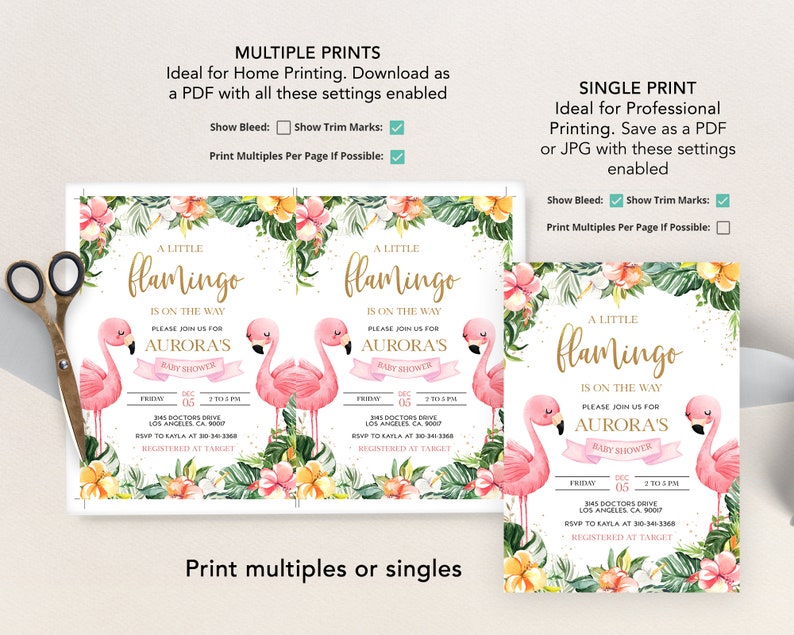 May include: A pink flamingo baby shower invitation with a tropical floral border. The invitation says "A Little Flamingo is on the Way" and includes the baby's name, Aurora, and the date and time of the shower. The invitation also includes the address and RSVP information.