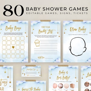 EDITABLE 80 Twinkle Twinkle Little Star Baby Shower Games, Moon and Stars Game Bundle, Games Set, Space, Blue & Gold Instant Download, BS128