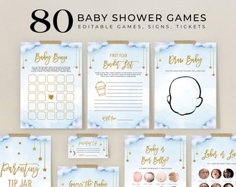 May include: A set of 80 printable baby shower games, signs, and tickets. The games feature a blue and gold color scheme with a cloud and star design. The games include Baby Bingo, First Year Bucket List, Draw Baby, Baby or Beer Belly, Labor or Love, and Parenting Tip Jar.