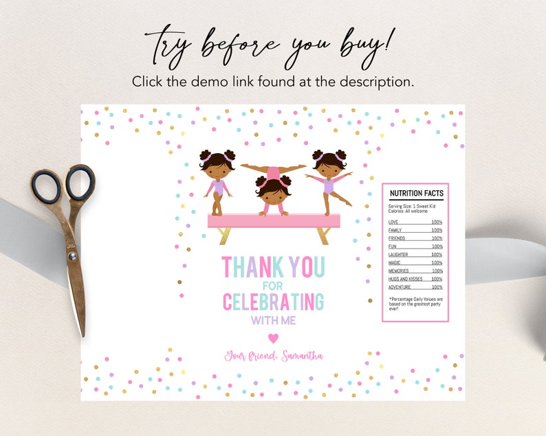 Gymnastics Chip Bag Label Template, Editable Chips Wrapper, Party Favor, Brown Skin, Girl Gymnasts Birthday Party, Instant Download, KP035 image 4