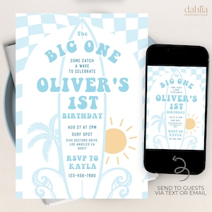May include: A blue and white chequered background with a surfboard-shaped invitation for a 1st birthday party. The invitation reads "The Big One Oliver's 1st Birthday" with a palm tree, sun, and waves. The text also includes the date, time, location, and RSVP information.