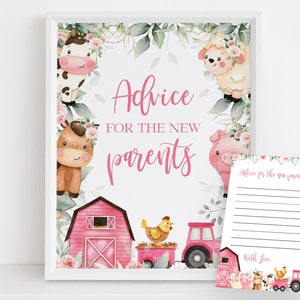 Consejos de baby shower de granja para nuevos padres firman y tarjeta, banner de espolvoreado de animales de granero, decoración de fiesta para niños de rancho rosa, descarga instantánea BS114