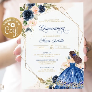 Quinceañera Invitation, EDITABLE Navy Blue and Blush Invite Template, Mis Quince Anos, 15th Birthday Party, Instant Download, Corjl, Q001