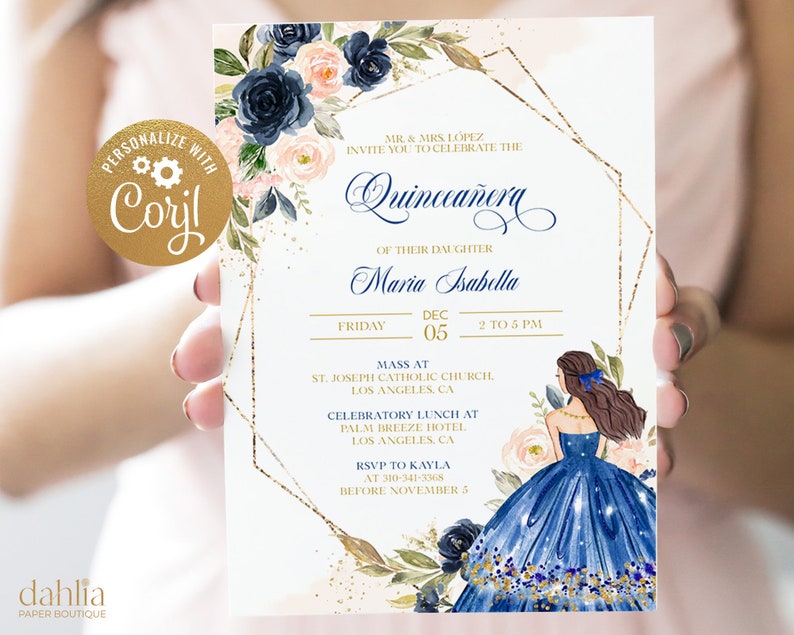 Quinceañera-uitnodiging, bewerkbare uitnodigingssjabloon in marineblauw en blush, Mis Quince Anos, 15e verjaardagsfeest, direct te downloaden, Corjl, Q001 afbeelding 1