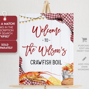Puede incluir: Se&ntilde;al de bienvenida a The Wilson's Crawfish Boil con un mantel a cuadros rojo y blanco, luces de cadena y una ilustraci&oacute;n de acuarela de cangrejos de r&iacute;o, ma&iacute;z y patatas.