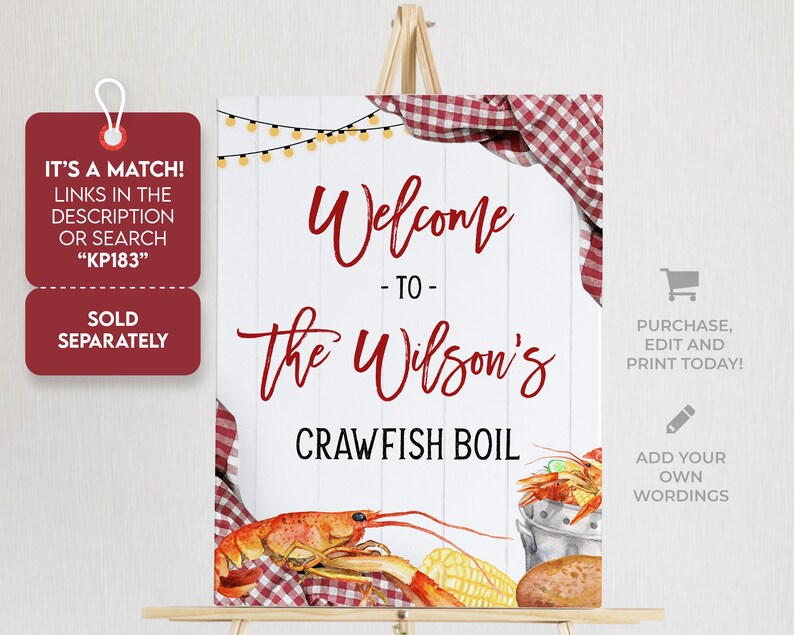 Puede incluir: Se&ntilde;al de bienvenida a The Wilson's Crawfish Boil con un mantel a cuadros rojo y blanco, luces de cadena y una ilustraci&oacute;n de acuarela de cangrejos de r&iacute;o, ma&iacute;z y patatas.