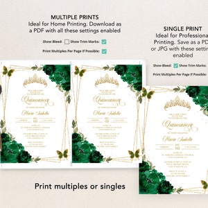 May include: A printable invitation for a Quincea&ntilde;era celebration. The invitation features a gold crown, green floral designs, and gold glitter accents. The text on the invitation reads "It's a Miss's Sweet 15th Birthday to Celebrate the Quincea&ntilde;era of our daughter Maria Isabella".