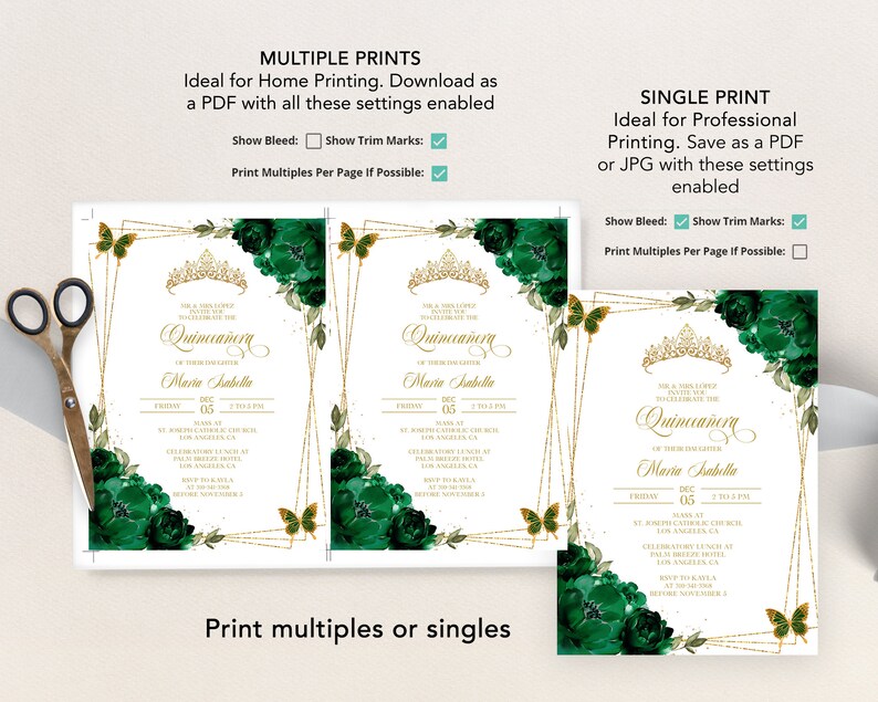 May include: A printable invitation for a Quincea&ntilde;era celebration. The invitation features a gold crown, green floral designs, and gold glitter accents. The text on the invitation reads "It's a Miss's Sweet 15th Birthday to Celebrate the Quincea&ntilde;era of our daughter Maria Isabella".