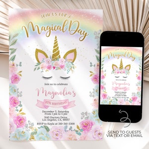 Modello di invito compleanno unicorno stampabile, modificabile Invito festa unicorno, modello stampabile giorno magico Ragazza rosa pastello arcobaleno KP244
