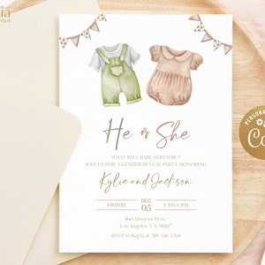 Boho Gender Reveal Invitation, Baby Clothes Gender Reveal Party Invite Template, On lub Ona, Chłopiec lub Dziewczynka, Minimalistyczny Unisex Baby Brunch GR016 zdjęcie 1