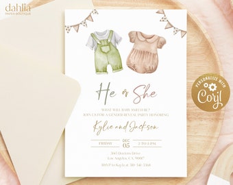 Boho Gender Reveal Invitation, Baby Clothes Gender Reveal Party Invite Template, He Or She, Boy Or Girl, Minimalist Unisex Baby Brunch GR016