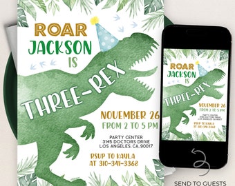 Dinosaur Birthday Invitation, EDITABLE Three-Rex Dinosaur Party Invite, Boy 3rd Birthday, Green Jurassic Invite, Instant Download KP250