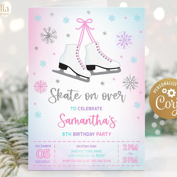 Invitation d'anniversaire de patinage sur glace, modèle d'invitation de fête de skate d'hiver MODIFIABLE, flocon de neige pastel, patinoire extérieure pour enfant, téléchargement immédiat KP169