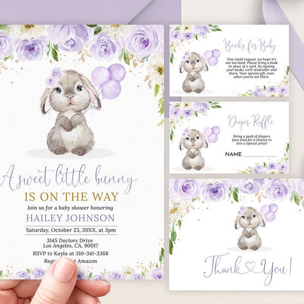 Sweet Little Bunny Baby Shower Invitation Template Set, EDITABLE Floral Purple Easter Rabbit Bundle, Diaper Raffle, Instant Download, BS235