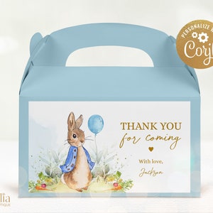 Peter Rabbit Gable Box Label Template, Bewerkbare Flopsy Bunny Party Sticker, Peter Rabbit Verjaardagslabel, Jongen Blauwe Ballon, Instant Download