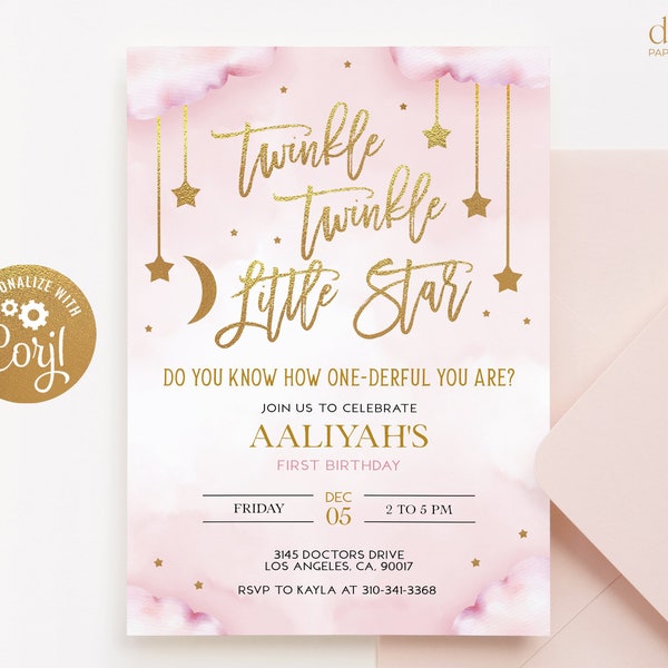 EDITABLE Twinkle Twinkle Little Star First Birthday Invitation Template, Moon and Stars Girl Party Invite, Pink and Gold, Instant Download