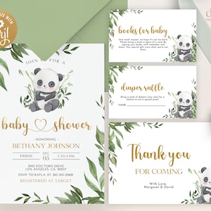 BEWERKBARE Panda baby shower uitnodiging set, afdrukbare groen baby strooipakket, aquarel bamboe luier loterij en boeken voor baby, BS123