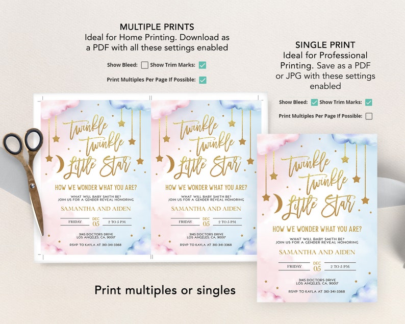 Twinkle Twinkle Little Star Gender Reveal Invitation, Gold Moon and Stars Gender Reveal Party Invite Template, He Or She, Boy Or Girl, GR008 image 4