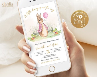 Peter Rabbit Baby Shower Evite, EDITABLE Flopsy Bunny Watercolor Invitation, Rustic, Pink Balloon Girl, Spring Garden Instant Download BS133