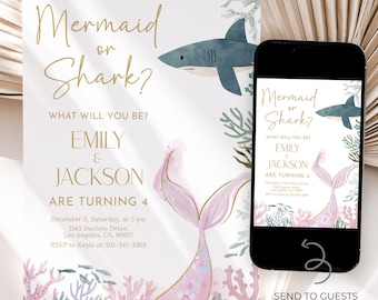 Mermaid And Shark Birthday Party Invitation, Editable Mermaid Shark Invite, Joint Sibling Birthday Party, Modern Minimalist Simple, KP237