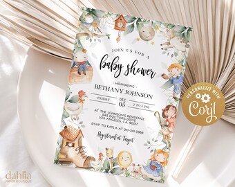 Invitación de baby shower de rima infantil, Sprinkle de personaje de libro, Plantilla de brunch para bebés unisex, Invitación de madre ganso, Humpty Dumpty, BS159