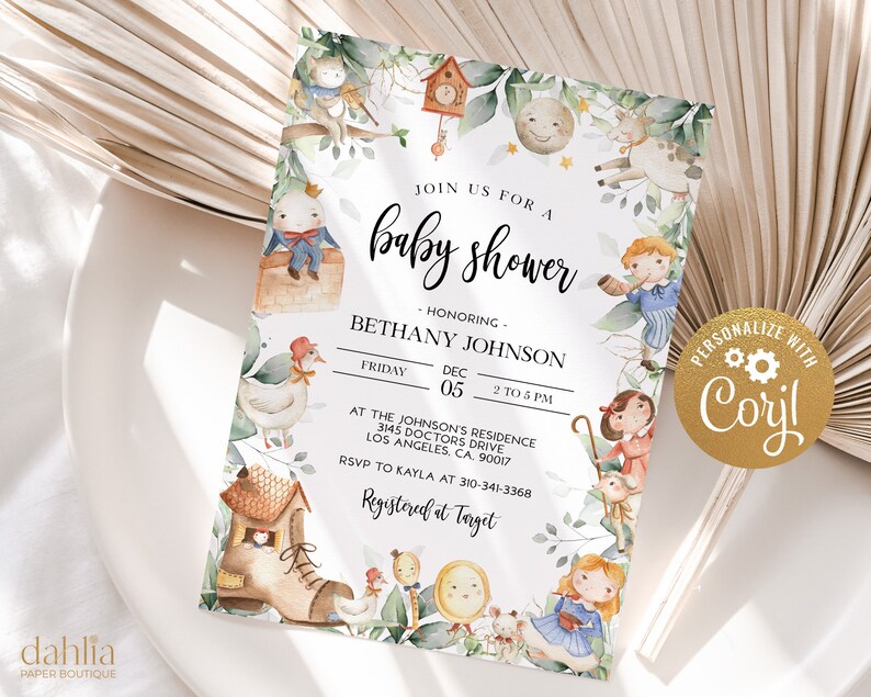 May include: A baby shower invitation with a whimsical woodland theme. The invitation features a watercolor illustration of a house, a clock, a moon, and various woodland creatures. The text on the invitation reads "Join us for a baby shower honoring Bethany Johnson, Friday, December 05, 2 to 5 PM, at the Johnson's Residence, 3145 Doctors Drive, Los Angeles, CA 90017, RSVP to Kayla at 310-341-3368, Registered at Target."