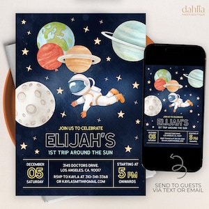 Space 1st Birthday Invitation, Editable Galaxy Party Invite Template, First Trip Around The Sun Astronaut Outer Space Instant Download KP027