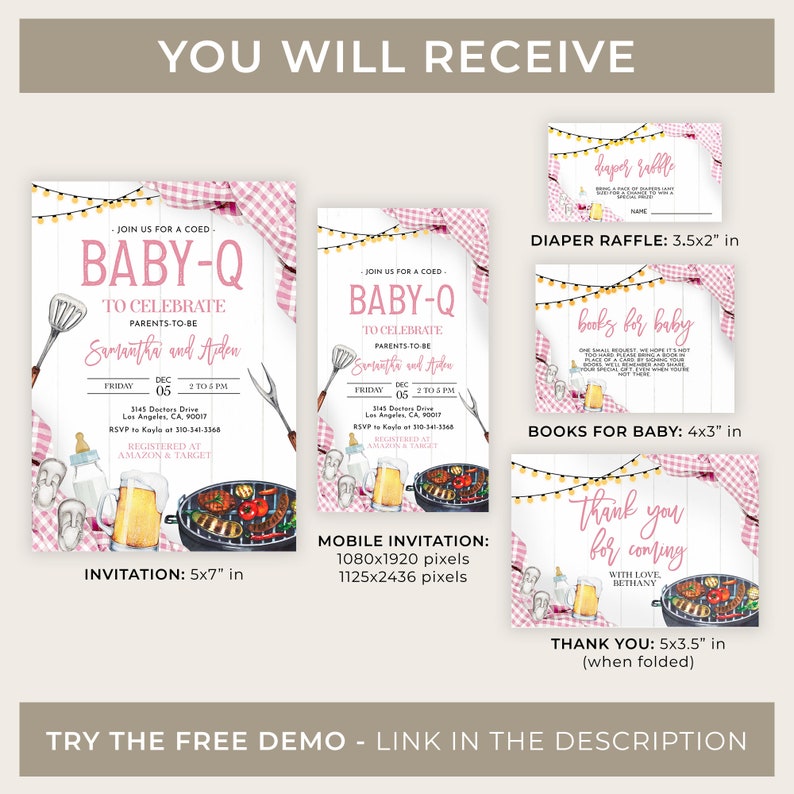 May include: Printable baby shower invitation set with a pink and white gingham pattern. The set includes a 5x7 inch invitation, a 3.5x2 inch diaper raffle card, a 4x3 inch books for baby card, and a 5x3.5 inch thank you card. The invitation features a watercolor illustration of a grill, beer, and hot dogs. The text on the invitation reads "Join us for a coed Baby-Q to celebrate parents to be Samantha and Aiden".