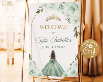 Signo de bienvenida de quinceañera con arco verde salvia y oro, decoración editable de la fiesta de cumpleaños número 15 de Tiara Rose, cartel personalizado de Mis Quince Anos, Q021