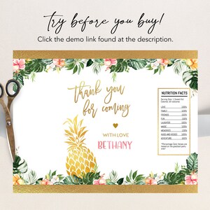 May include: A printable thank you card with a tropical theme. The card features a gold pineapple, green leaves, pink flowers, and the text "Thank you for coming" and "With love, Bethany".