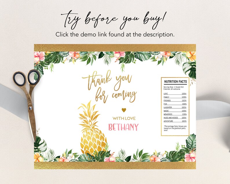 May include: A printable thank you card with a tropical theme. The card features a gold pineapple, green leaves, pink flowers, and the text "Thank you for coming" and "With love, Bethany".