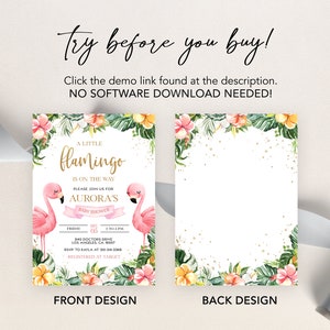 May include: A pink flamingo baby shower invitation with a tropical floral border. The text reads "A Little Flamingo is on the Way. Please join us for Aurora's Baby Shower. Friday, December 05, 2:00 PM. 123 Doctors Drive, Los Angeles, CA 90007. RSVP to Kayla at 30-341-3360. Registered at Target."