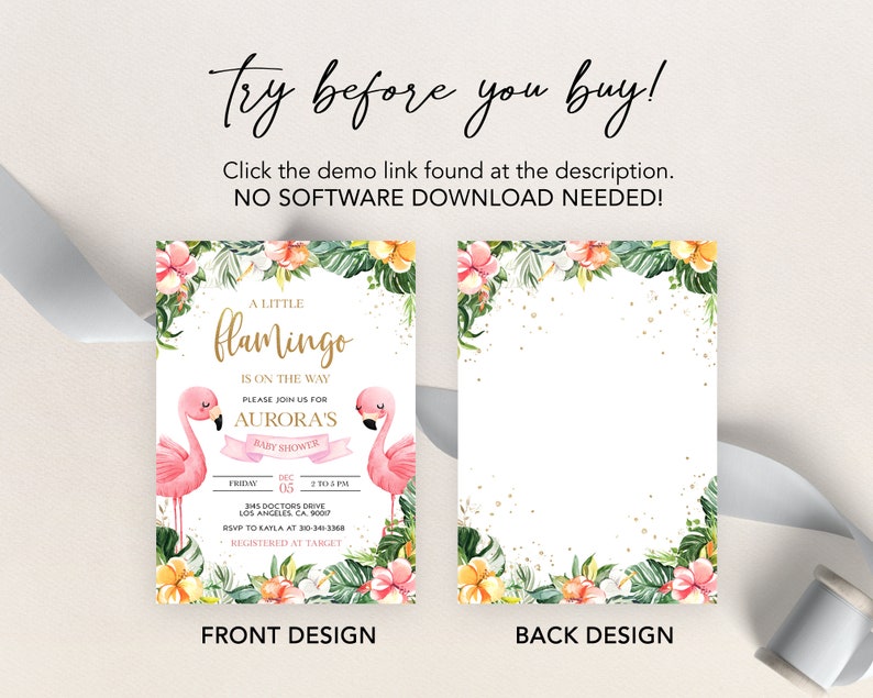 May include: A pink flamingo baby shower invitation with a tropical floral border. The text reads "A Little Flamingo is on the Way. Please join us for Aurora's Baby Shower. Friday, December 05, 2:00 PM. 123 Doctors Drive, Los Angeles, CA 90007. RSVP to Kayla at 30-341-3360. Registered at Target."