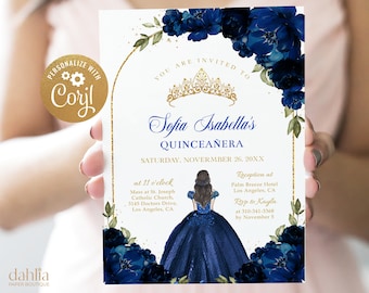 Navy Blue and Gold Arch Quinceañera Invitation, EDITABLE Tiara Rose 15th Birthday Party Template, Mis Quince Anos, Instant Download Q026