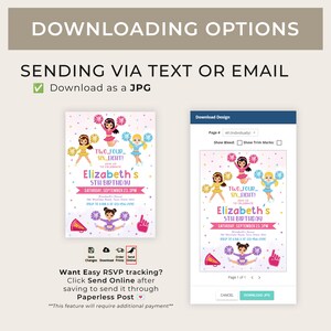 May include: A printable cheerleading themed birthday invitation for a 5th birthday party. The invitation features a pink, yellow, and blue color scheme with a cartoon image of three girls in cheerleading uniforms. The text on the invitation reads "Two-Four Six-Eight! Join us to celebrate Elizabeth's 5th Birthday. Saturday, September 23, 3 PM. Elizabeth's House 123 Weather Road, Town State 12345 RSVP to 123-456-7890".