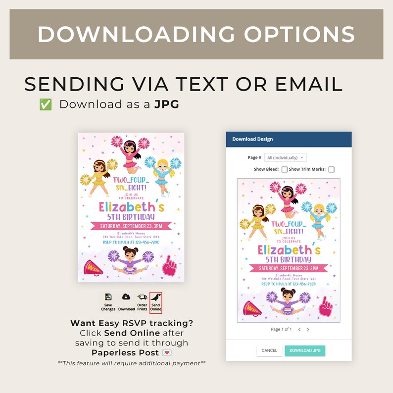 May include: A printable cheerleading themed birthday invitation for a 5th birthday party. The invitation features a pink, yellow, and blue color scheme with a cartoon image of three girls in cheerleading uniforms. The text on the invitation reads "Two-Four Six-Eight! Join us to celebrate Elizabeth's 5th Birthday. Saturday, September 23, 3 PM. Elizabeth's House 123 Weather Road, Town State 12345 RSVP to 123-456-7890".
