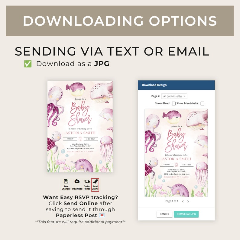 May include: A digital download of a baby shower invitation featuring an octopus, a seahorse, a turtle, a jellyfish, and a narwhal. The invitation is pink and blue with a watercolor background. The text on the invitation reads "Join us for a Baby Shower" and "In honor of mommy-to-be Astoria Smith".
