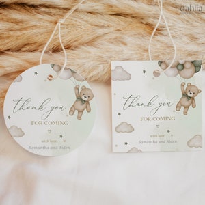 Editable Bear Baby Shower Round Tag, We Can Bearly Wait Baby Shower Thank You Tag, Gender Neutral Green Boho Bear Balloon Party Favor, BS194