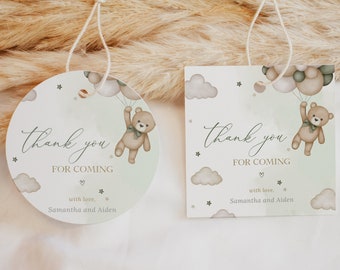 May include: Two thank you tags with a green and white background. The tags feature a teddy bear holding balloons and the text "Thank you for coming" with the names Samantha and Aiden.
