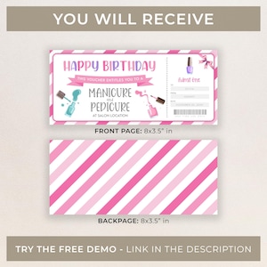 Pu&ograve; includere: Un buono regalo stampabile per una manicure e pedicure, con un design a righe rosa e bianche. Il fronte del buono regalo dice "Buon compleanno" e "Questo buono ti d&agrave; diritto a una manicure e pedicure nel salone". Il retro del buono regalo &egrave; a righe rosa e bianche. Il buono regalo misura 8 pollici per 3,5 pollici.