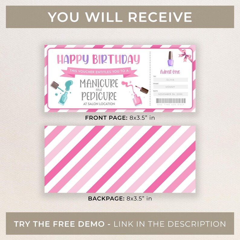 Pu&ograve; includere: Un buono regalo stampabile per una manicure e pedicure, con un design a righe rosa e bianche. Il fronte del buono regalo dice "Buon compleanno" e "Questo buono ti d&agrave; diritto a una manicure e pedicure nel salone". Il retro del buono regalo &egrave; a righe rosa e bianche. Il buono regalo misura 8 pollici per 3,5 pollici.