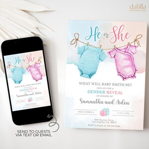 Blue and Pink Gender Reveal Invitation, Baby Clothes Gender Reveal Invite, Team He Or She Template, Boy Or Girl Minimalist Baby Shower GR059
