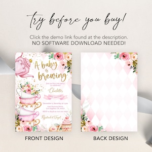 May include: A pink and gold baby shower invitation with a teacup and teapot design. The text reads "A baby is brewing" and includes the name "Charlitter" and details for the baby shower. The back of the invitation has a pink and white checkered pattern.