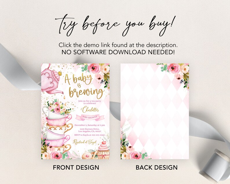 May include: A pink and gold baby shower invitation with a teacup and teapot design. The text reads "A baby is brewing" and includes the name "Charlitter" and details for the baby shower. The back of the invitation has a pink and white checkered pattern.