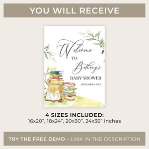 May include: A printable baby shower sign with a watercolor illustration of a stack of books, a teapot, and greenery. The text reads "Welcome to Bethany's Baby Shower, December 11, 20XX". The sign is available in four sizes: 16x20 inches, 18x24 inches, 20x30 inches, and 24x36 inches.