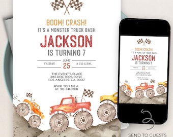 May include: A birthday invitation for a monster truck themed party. The invitation features a red, yellow, and orange monster truck with checkered flags and the text "BOOM! CRASH! It's a Monster Truck Bash Jackson is turning 7. Friday June 25 2 to 5 PM. The Event's Place 3145 Doctors Drive Los Angeles, CA. 90017 RSVP to Kayla at 310-341-3368"