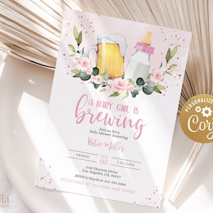 Baby braut Babyparty Einladung, bearbeitbare Babyflasche und Bier Vorlage, druckbare Mädchen Baby Sprinkle einladen, Instant Download BS083